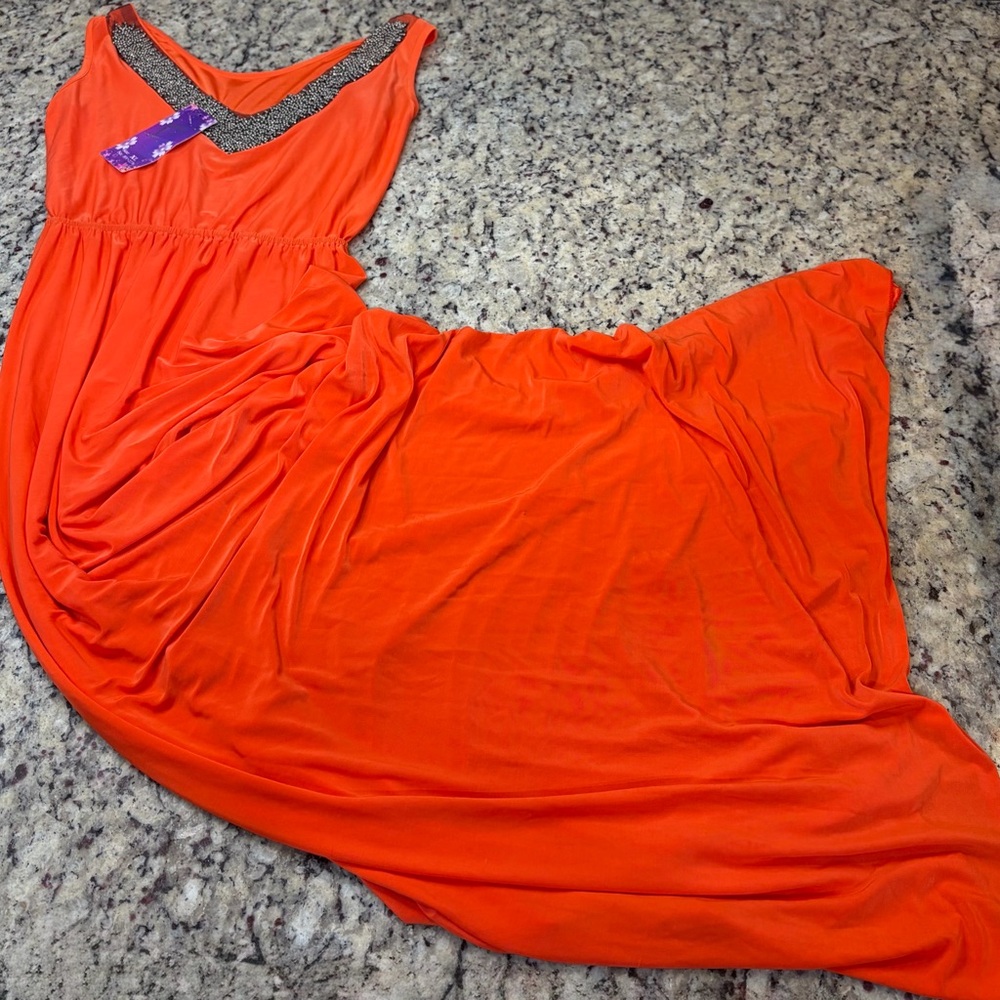 Elegant Orange Maxi Dress with Beaded Neckline